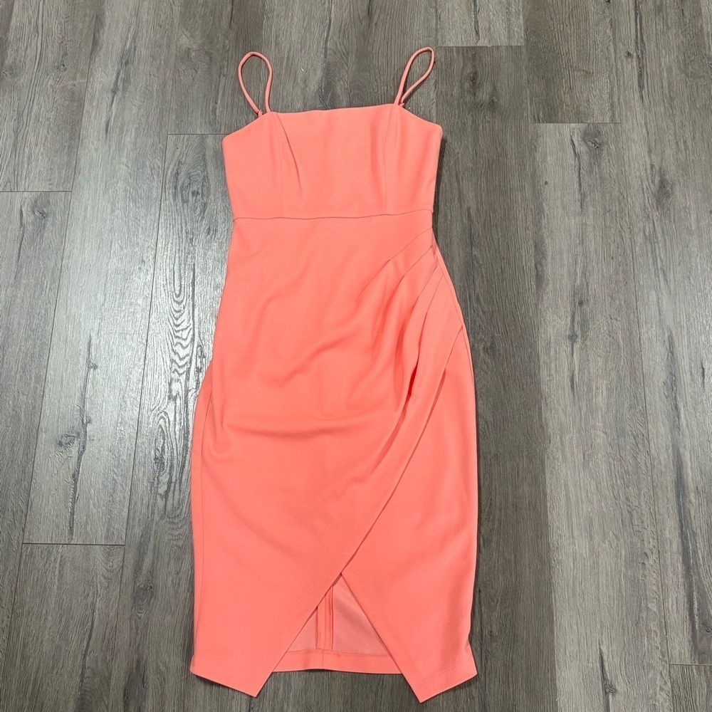 Laundry by Shelli Segal Ruched Midi Dress Tulip Hem Coral Stretch Lined Size 4